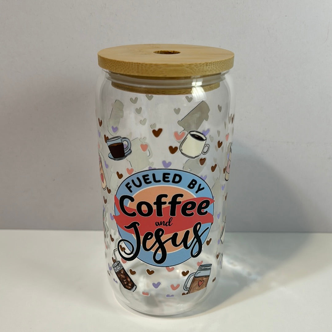 Fueled by coffee and Jesus glass cup