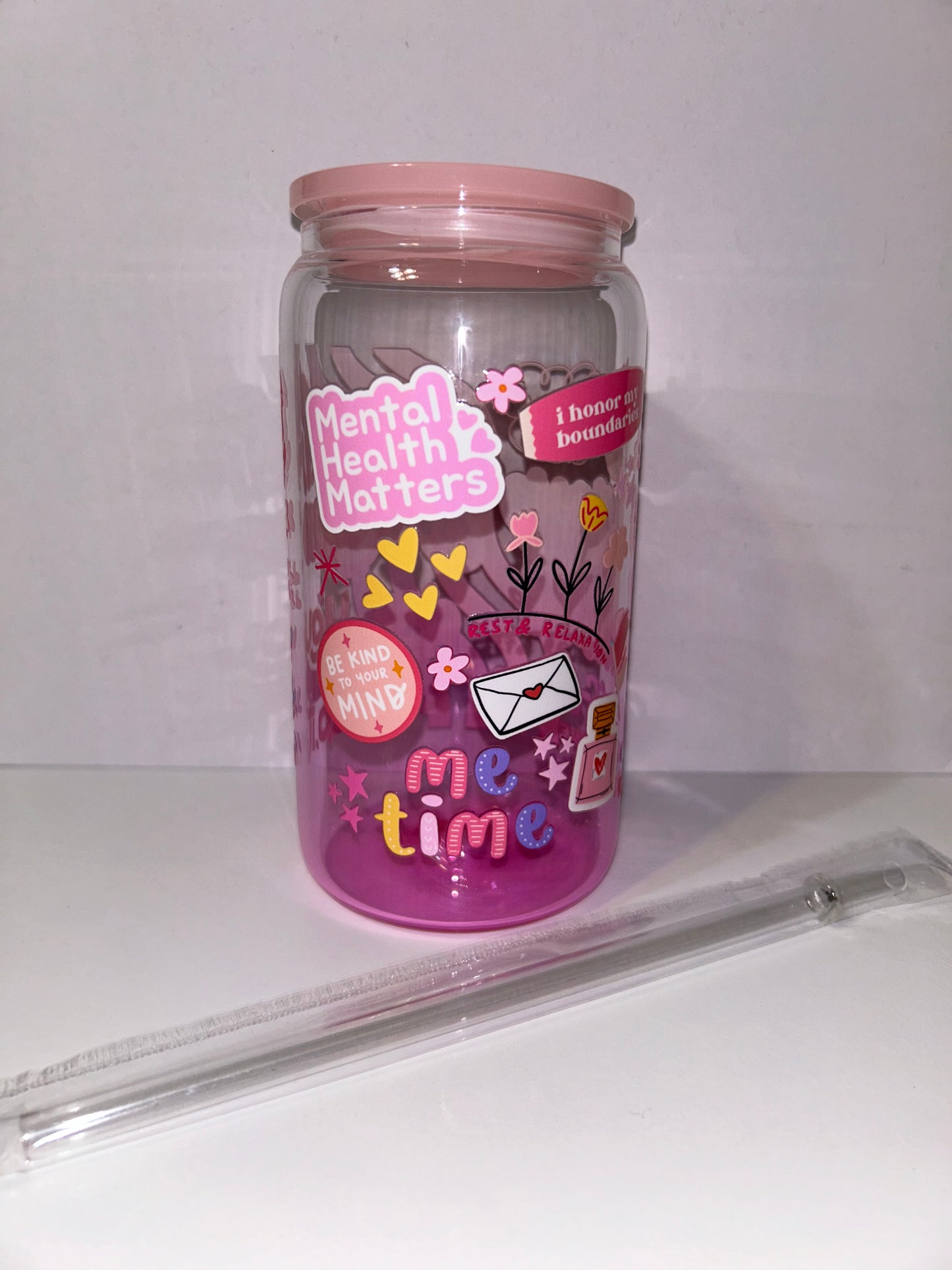 Pink ombre mental health glass cup