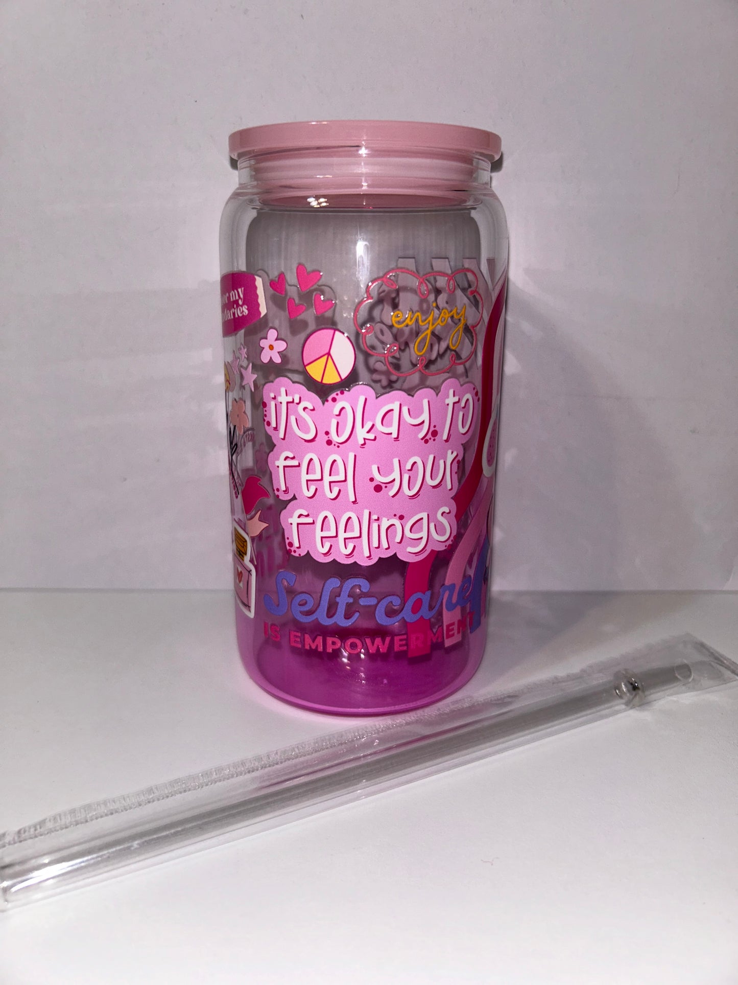 Pink ombre mental health glass cup