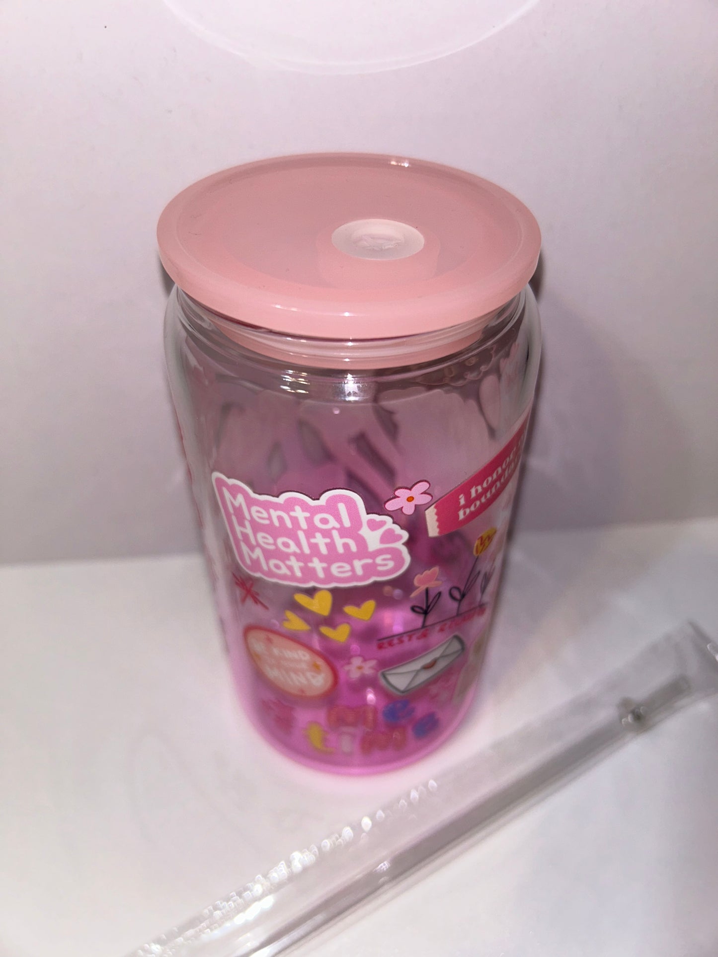 Pink ombre mental health glass cup